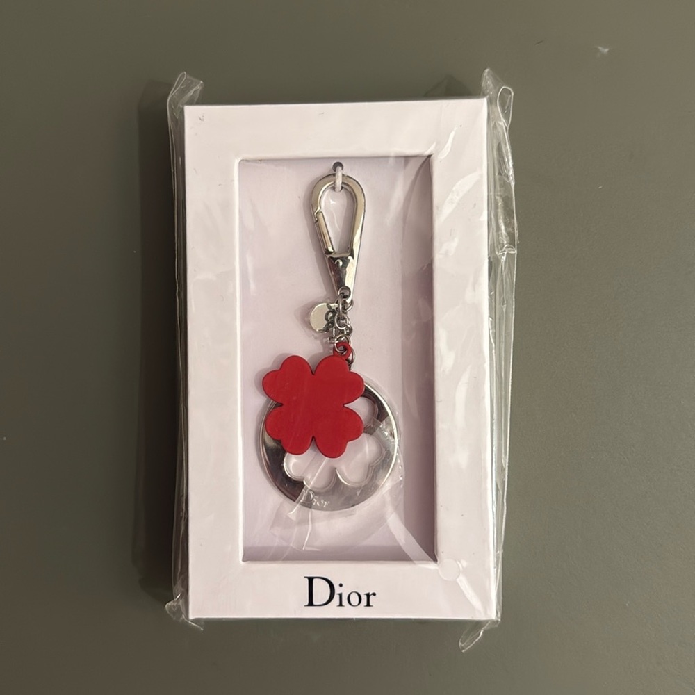 Dior Red Clover Charm Keychain NIB